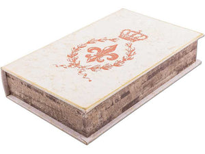 Buchbox "Fleur de Lis" aus weichem Lederimitat, Farbe Creme, mit Kupferprägung, 24x16x5 cm
