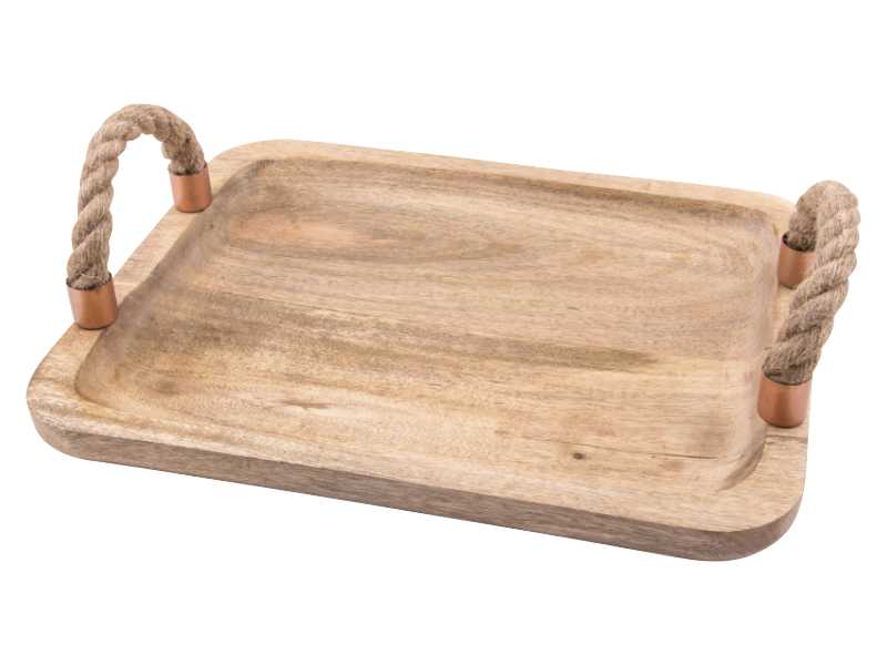 Holz-Tablett mit Griffen aus Kordel